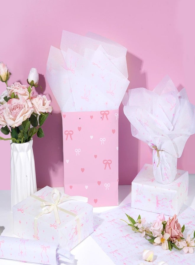 Pineraap 100 Sheets Pink Bow Tissue Paper, Cute Bowknot Printed Gift Wrap Decorative Tissue Paper for Coquette Party Birthday Bachelorette Wedding Bridal Shower DIY Crafts, 14 x 20 Inch - Image 2